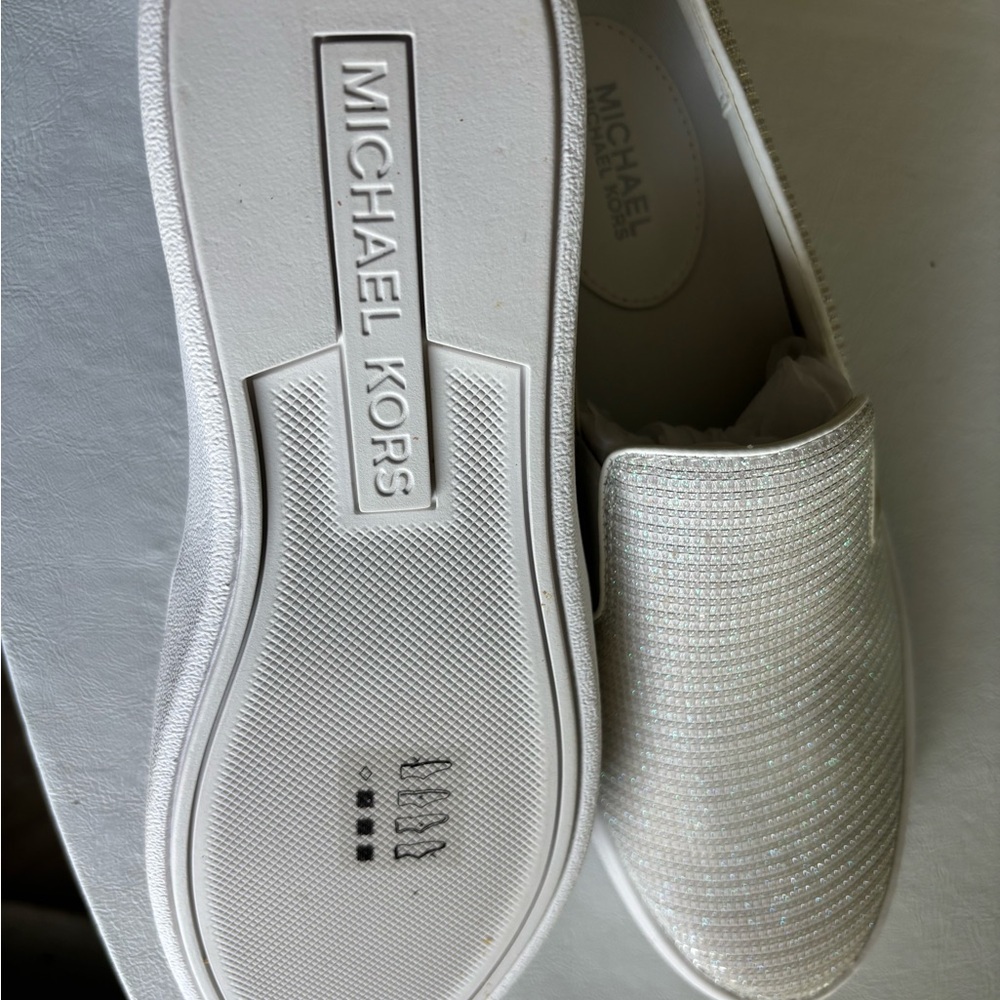 Michael Kors White and Silver Keaton Slip-On Sneakers